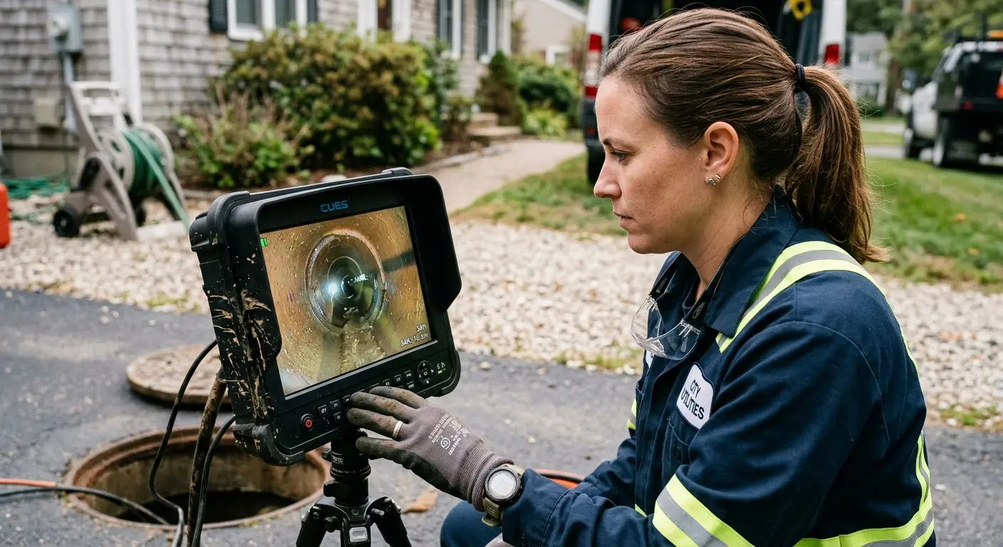 Technician reviewing sewer camera inspection footage in Pascagoula