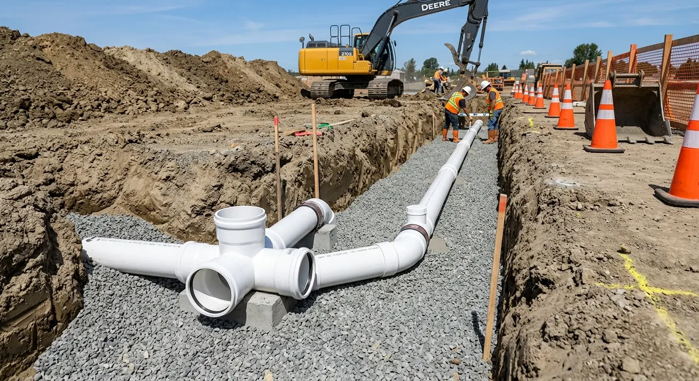 New PVC sewer pipe installation in open trench for Sewer Backup in Pascagoula