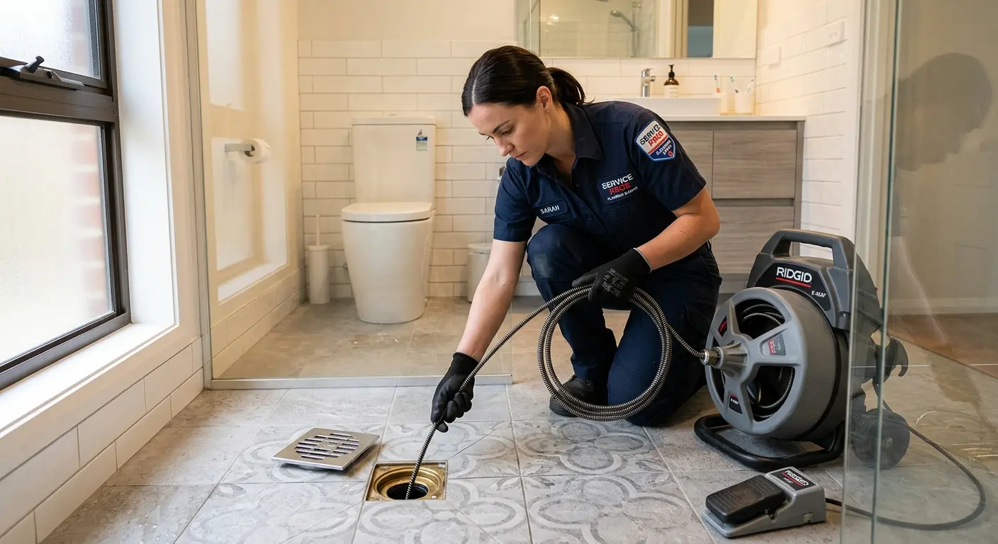 Technician clearing a bathroom floor drain for Sewer Line Replacement in Pascagoula